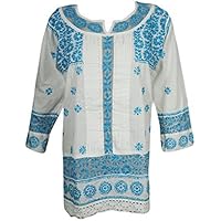 Mogul Womens Resort Tunic Dress Cotton White Blue Embroidered Chikankari Top Blouse