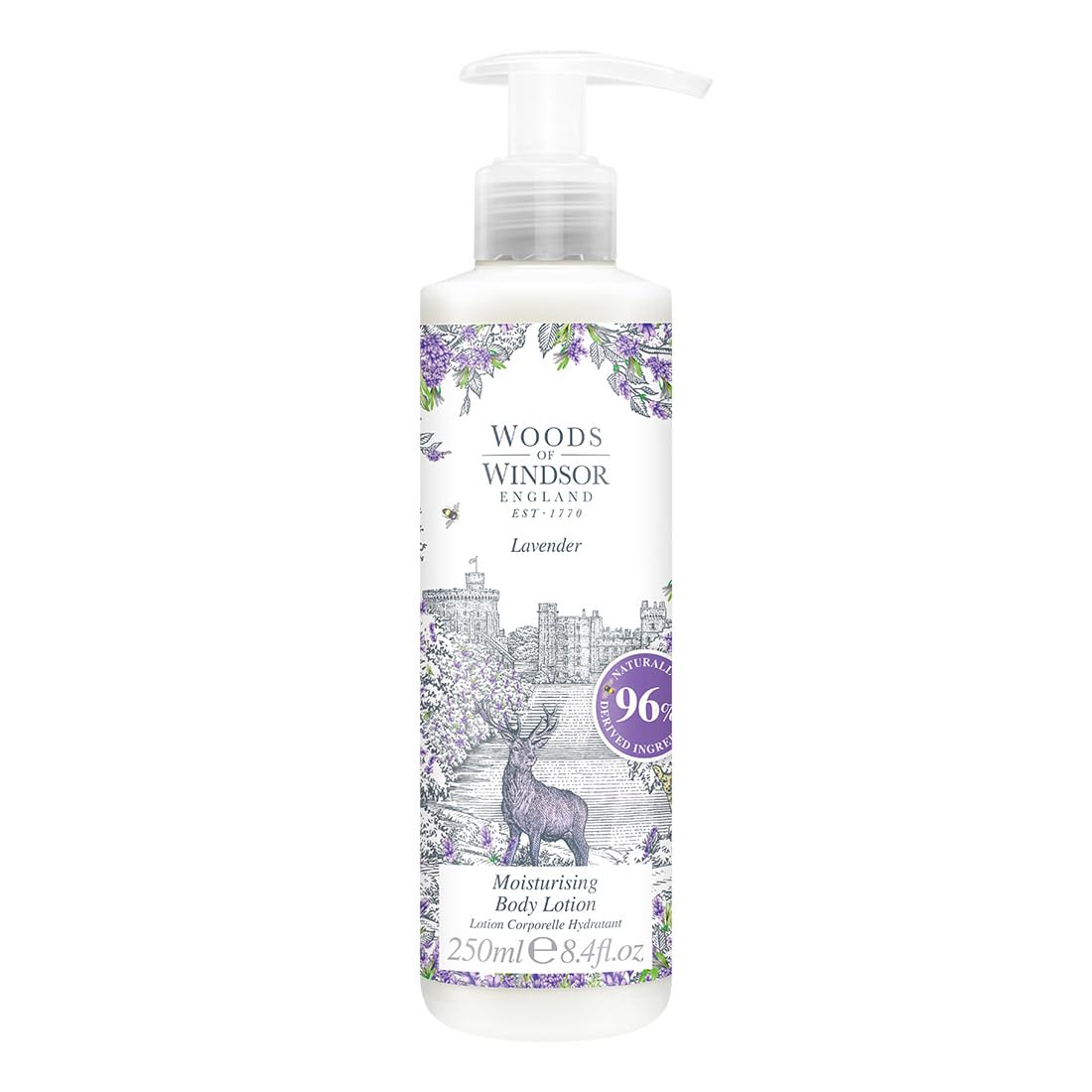 Woods of Windsor Body Lotion, Floral Body Moisturiser for Women with Notes of Patchouli and Musk, Fast Absorbing Body Cream to Help Soften and Moisturise Skin, Lavender Scent 250ml