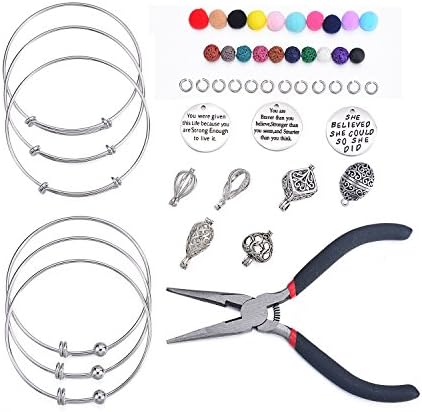 Jewelry Making Kit with Inspiration Words Charms Pendant Essential Oil Diffuser Locket DIY Blank Bangle Bracelet Jewelry Making Supplies for Adults Crafting Making