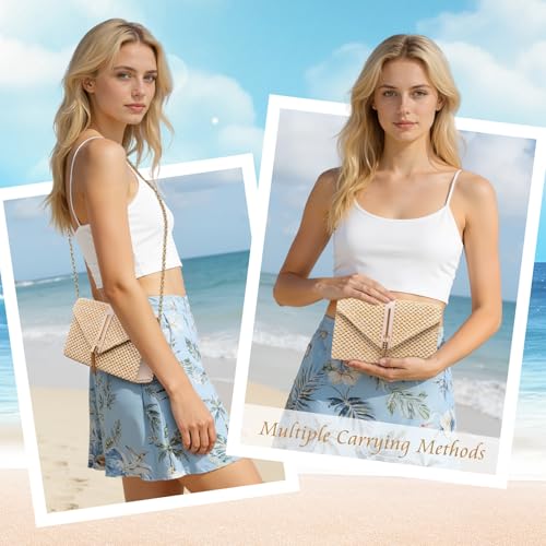 Larcenciel Women's Straw Bag, Women's Tassels Summer Beach with Detachable Chain, Elegant Boho Envelope Raffia Clutch Party, Casual Shoulder Bag Hand Wallet for Weddings Holidays, 21.7 x 5.5 x 13.5 cm