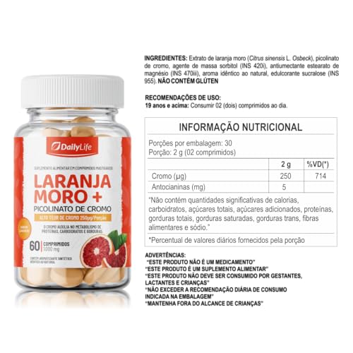 Kit 3x Laranja Moro + Picolinato de Cromo Chromium Picolinate 250mcg 60 Comprimidos Mastigaveis Importado - Daily Life