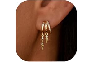 SELSHE Dangle Earrings for Women,14k Gold Plated Triple Huggie Stud Earrings Cute Statement Chain Earring Dainty Drop Earrings for Women Trendy Gold Plated Jewelry