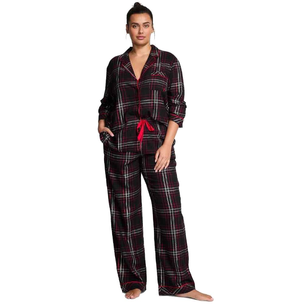 Victoria's Secret Flannel Pajamas, Long Sleeve Button Down & Pant Set, Sleepwear for Women, Black Plaid, XL Image