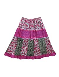 Mogul Skirts Bohemian Vintage Butterfly Printed Pink Patchwork Cotton Skirt S