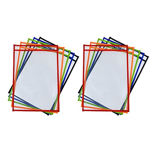 Kruideey Reusable Dry Erase Pockets, Load Sleeves for the Classroom, Home or Work, 9.5 x 12.5 Inches, Heavy Duty Pocket Chart Squares in Assorted Neon Colors. (10-pack)