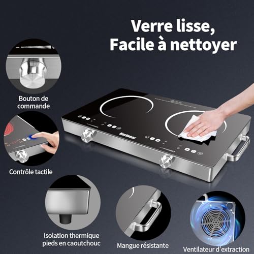 Karinear Portable 2-Burner Ceramic Hob with Handle, Electric Camping Hob, 650°C Max, 2 Burners with VDE Socket, Child Safety, Residual Heat Indicator, 220-240V