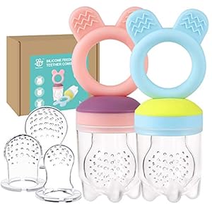 Baby Fruit Food Feeder PacifierTeether Toys Set – Silicone Fresh Food Feeder Teether with 3 mesh Silicone Bags and…