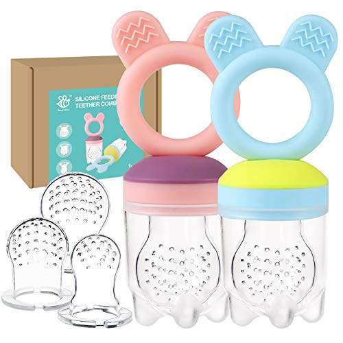 Baby Fruit Food Feeder PacifierTeether Toys Set – Silicone Fresh Food Feeder Teether with 3 mesh Silicone Bags and…