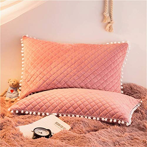 MooWoo Velvet Flannel Pillowcases,2 PC Pom Poms Fringe Pillow Shams Diamond Quilted Pattern, Zipper Closure (Tea Rose, Standard 20X30 Inches)