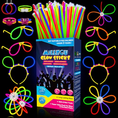 Millegu Glow in the Dark Bracelets, 230 Party Pack of 100 Fluorescent Sticks & 130 Connectors Make Glasses Necklaces Balls Balls for Children Adults, Christmas Decorations Party Favors New Year 2026