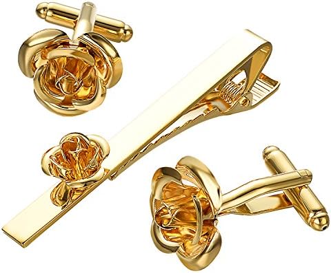 Yoursfs カフス ネクタイピン セット 金 薔薇 ローズ 花 カフスボタン おしゃれ タイピン メンズ レディース アクセサリー 人気 プレゼント ゴールド