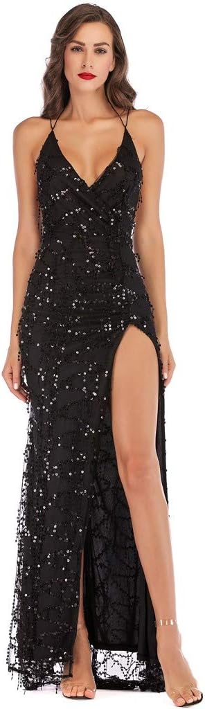 PASATO Deep-V Neck Adjustable Spaghetti Sexy Maxi Sequin Halter Backless Split Cocktail Prom Gown Dress Party Dresses