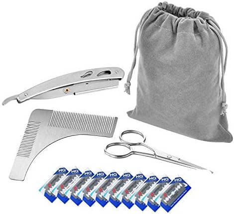 Beard Grooming Kit for Men, 4pc - Metal Comb, Beard Scissors, Straight Razor, Razor Blades - Beard Growth, Trimming and Styling Your Mustache and Beard Care - Velvet Bag