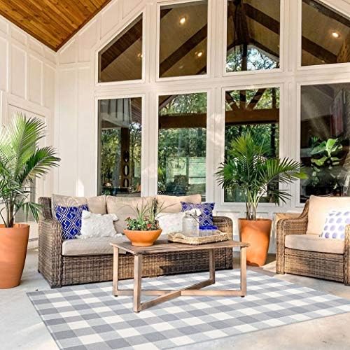 LEEVAN Buffalo Plaid Outdoor Rug 4x6 ft Grey Buffalo Check Rug Hand