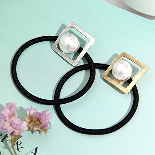 Face Forever 2pcs Square Metal Faux Pearl Elatic Hair Tie Ponytail Hairband Gold and Silver