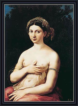 Raphael (Portrait of a Young Woman (La Fornarina), c.1518/19) Canvas Art Print Reproduction Framed with 2.6" wide Black Frame and Gold Edge (24x17 in) (61x43 cm)
