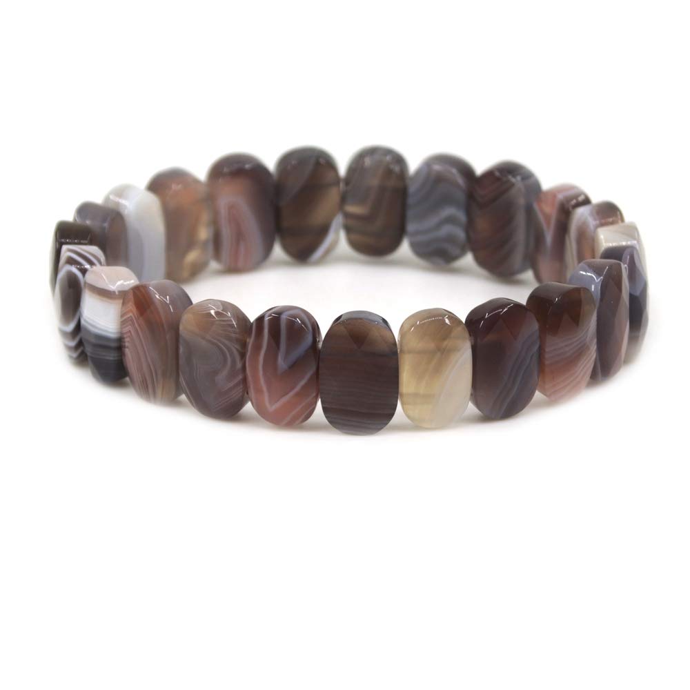 CHENYUE Natural Botswana Agate Gemstone 14mm Faceted Oval Beads Stretch Bracelet 7.5 Inch Unisex