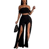 WOKANSE Women's Elegant 2 Piece Outfits Summer Off Shoulder Tube Crop Top and High Waist Split Wide Leg Pants Sets