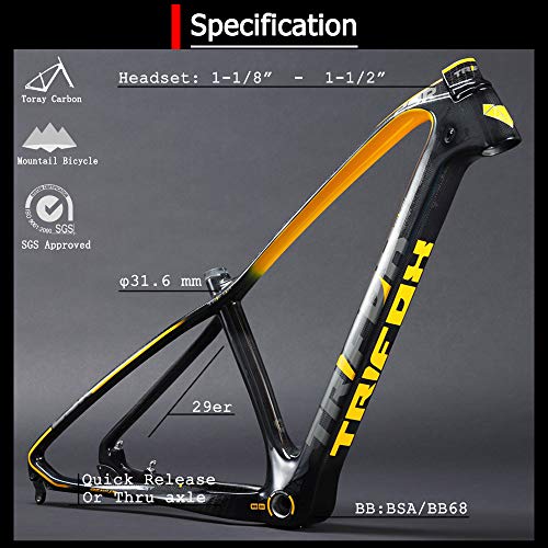 TRIFOX 27.5/29er Gold Carbon Fiber Mountain Bike Frame Carbon MTB Bicycle Frame 31.6mm Thru Axle Compatible (Yellow, 19inch) - Thumbnail 2