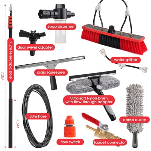 Spazzola di lavaggio telescopica 4 in 1, 7,2 m, per fotovoltaici, finestre, camper e tetti – asta telescopica e spazzola telescopica, set di pulizia con attacco dell'acqua, spazzola per la pulizia e