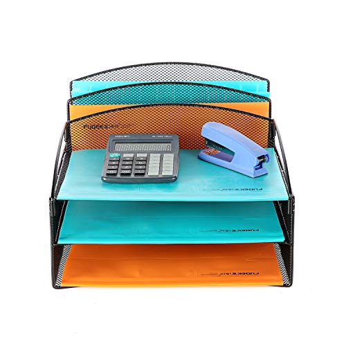Veesun Desk Organizer,Mesh Desktop File Organizer Letter Paper Tray Holder with 2 Vertical Upright Section and 3 Deep Trays, Black.