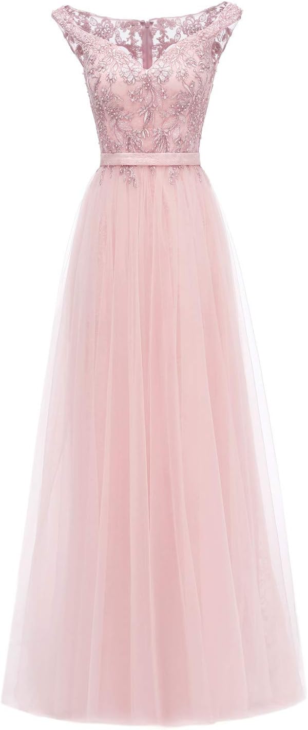 Huifany Womens V-Neck Cap Sleeve Lace Prom Bridesmaid Dresses Long Formal Evening Ball Gowns