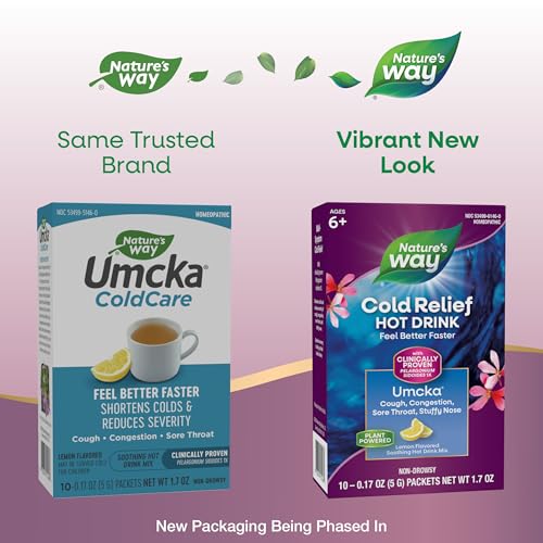 Nature's Way Cold Relief Hot Drink, Umcka, Homeopathic, Clinically Proven Pelargonium Sidoides 1X, for Cough, Congestion, Sore Throat, Stuffy Nose, Lemon Flavored, 10 Packets (Packaging May Vary)