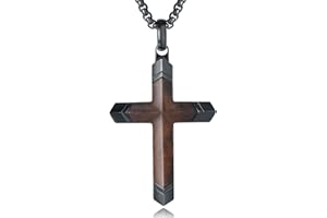 Ropartman Wooden Cross Necklace for Men, Real Ebony Inset In Black Stainless Steel Christian Wood Crucifix Pendant, Includes Necklace 24" Box Chain