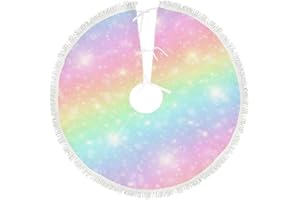KUIZEE Kuziee Christmas Tree Skirt Xmas Tree Ornament ﻿Galaxy Fantasy Pastel Color Unicorn Rainbow Clouds Xmas Party Decoration Tassels Christmas Party Supplies Christmas Tree Base Cover 36 Inch