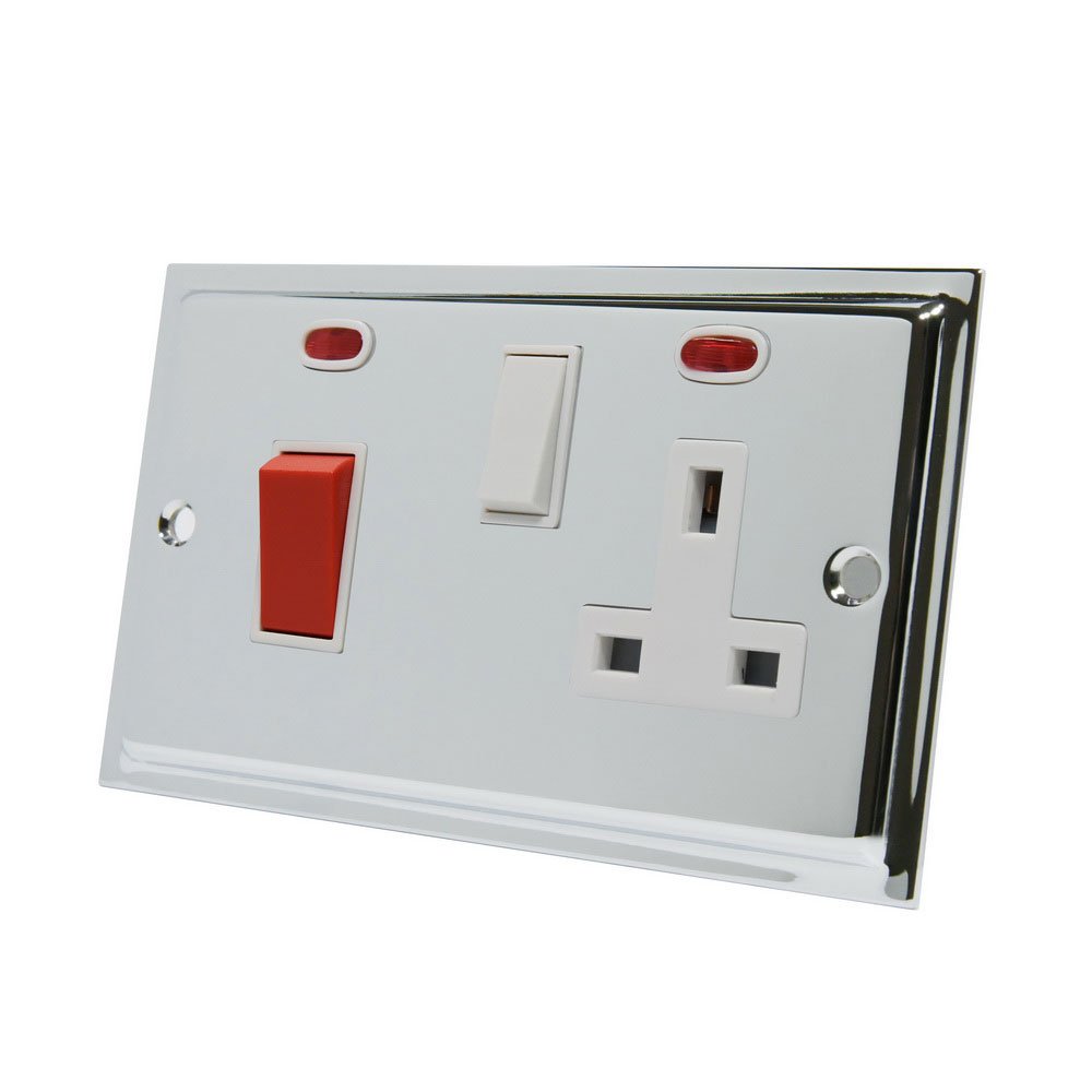 Slimline Polished Chrome Cooker Control Unit White Insert - 2-Gang 45A Cooker Switch with 13A Switched Plug Socket and Neon Indicators