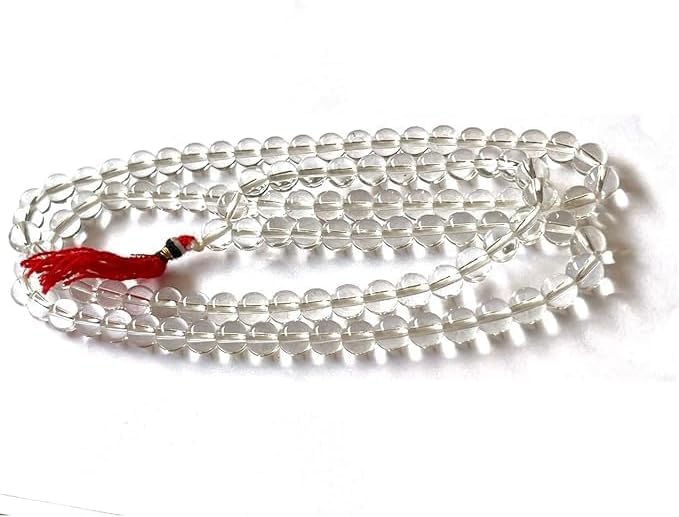 NAISHA Clear Crystal Mala Quartz 108 beads Sphatik Energy Neclace for Men Women, Spiritual Temple Gift (108+1 Beads) Healing Gemstone Jaap Mala 8 MM