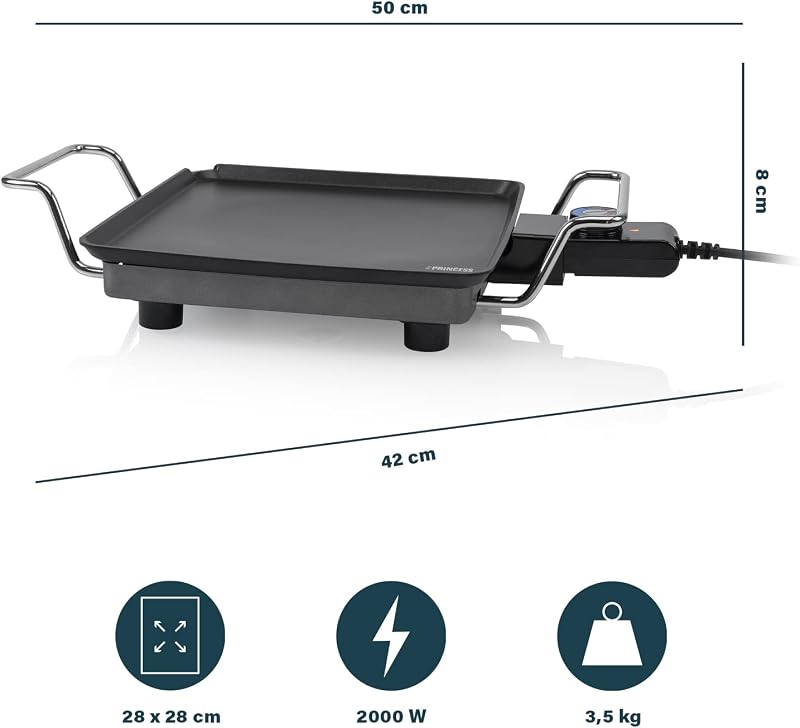 Plancha Princess Chef Mini Classic noire - fonte d'aluminium - 4 personnes - 28 x 28 cm - 1 900 W