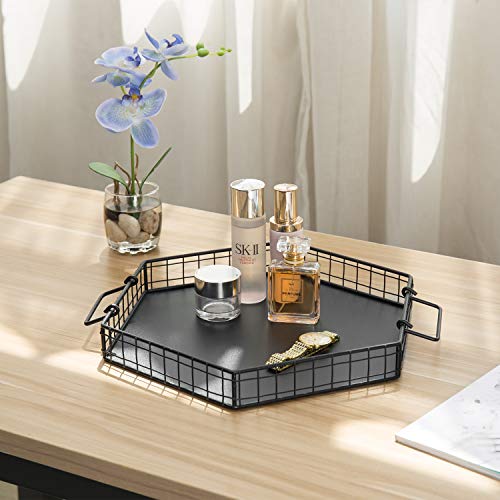 MyGift Matte Black Serving Tray with Handles, HexagonShaped Metal Wire