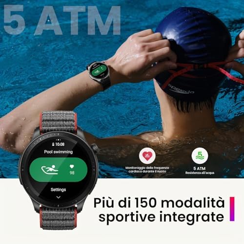 GTR 4 Smartwatch Orologio Intelligente, Dual Band GPS, 6 Posizioni Satellitari, 150 modalità Sportive, Riproduzione di Musica, Telefonate Bluetooth, Alexa, AMOLED, SpO2, Cardiofrequenzimetro