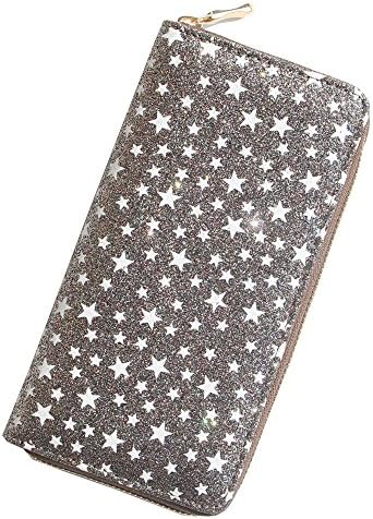 Women's Zip Wallet Long Clutch Wallet Shining Glitter Purse Five-Pointed Star