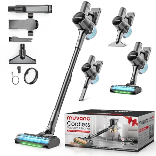 Muvano Cordless Vacuum Cleaner, 3 Cleaning Modes, 99.9% Filter Performance, Battery Vacuum Cleaner with Wall Mount for Carpets, Tiles, Pet Hair, Parquet and Hard Floors, Black
