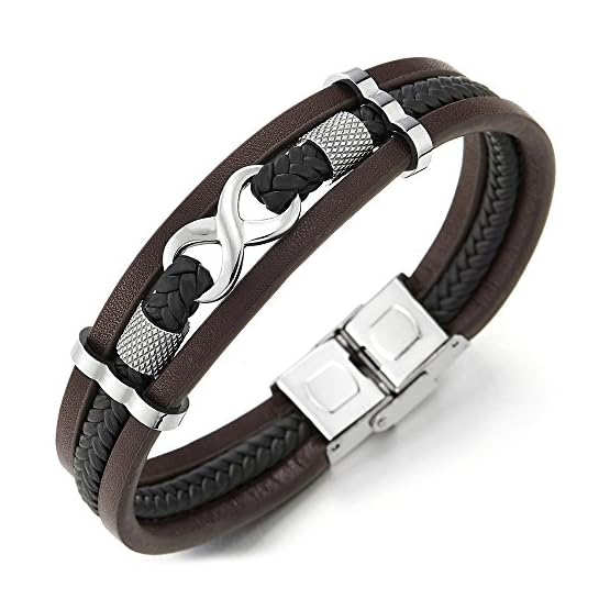 COOLSTEELANDBEYOND Tres Filas Amor Infinito Número 8 Entretejido Marrón Negro Trenzado Cuero Pulsera Brazalete de Hombre…
