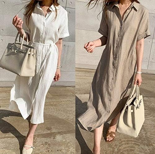 Amazon Co Jp リネンワンピース 綿麻 シャツワンピース ナチュラル 腰ひも 韓国ファッション ホワイト 服 ファッション小物