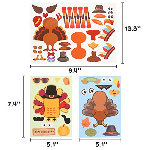 Koogel 15pcs Thanksgiving Stickers for Kids, Thanksgiving Party Activities Thanksgiving Turkey Game Turkey Stickers for Thanksgiving Party Games Children DIY Creation Thanksgiving Party Decoration