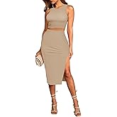 Pink Queen Women's 2 Piece Crew Neck Sleeveless Ribbed Tank Top Bodycon Slit Midi Skirt Outfit Dress Set