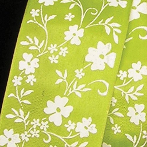 Green with White Small Flower Print Taffeta Wired Craft Ribbon 1.5