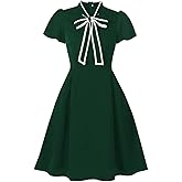 Wellwits Women's Color Block Bow Tie Neck Vintage Work Cocktail Dress