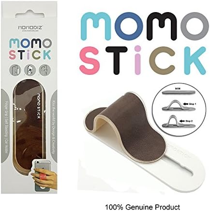 [Brown Faux Leather] New MOMOSTICK: Stand and Finger Grip for Any Smartphones (iPhone & Android) with Reusable Sticky Gel Pad