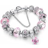 Morenitor[TM] Beaded Bracelet Handmade Carved Sterling Silver Plated Snake Chain Charm Bracelet for Women(Pink)