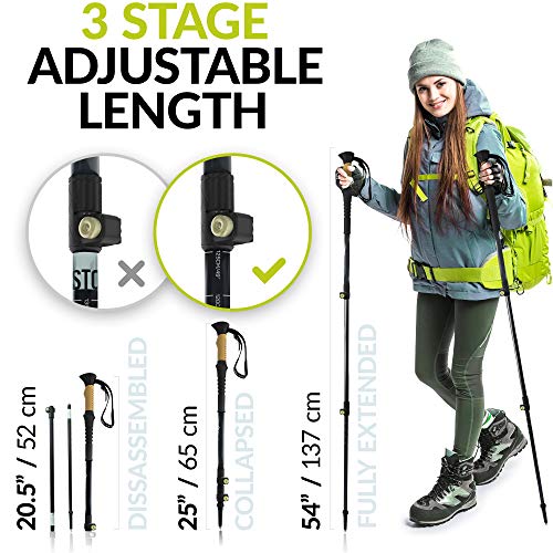 CAMMPO Trekking Poles - Ultra Strong & Lightweight Aluminum 7075 | Collapsible Hiking/Walking Sticks (2-pc) w/Tungsten Tip, Quick Adjust Flip-Lock System & Cork Grip (Black)