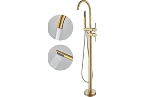 YAGATAP Freestanding Bathtub Faucet Floor Mount Tub Filler Brushed Gold High Flow Shower Faucets with Handheld Shower Mixer T