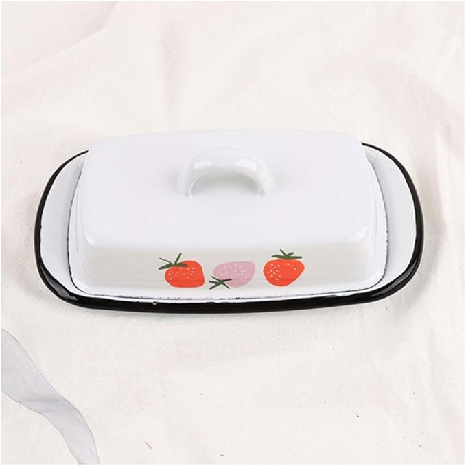 Butter Dish Enamel Butter Dish with Lid, Cute Strawberry Pattern Butter