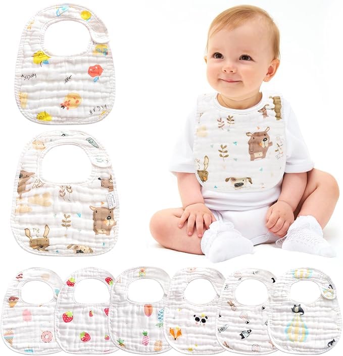 8Pack Muslin Baby Bibs Ultra Soft Absorbent - 100% Organic Cotton Baby Bandana Drool Bibs Adjustable Snaps for Infants, Newborns and Toddlers, Stylish Unisex Bandana Bibs for Teething and Drooling