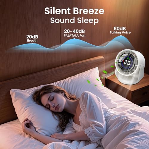 PALATALA Table Fan, Battery USB Fan with 11 Speed Levels, 105° Swivel Function, LED Display, Quiet Fan for Bedroom, Office, Library, Portable Table Fan