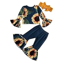 Inwinner Toddler Baby Girl Deer Print Tops Shirt+Bell Bottom Pants Sets Christmas Thanksgiving Winter Outfits (4-5T, Blue+Yellow)